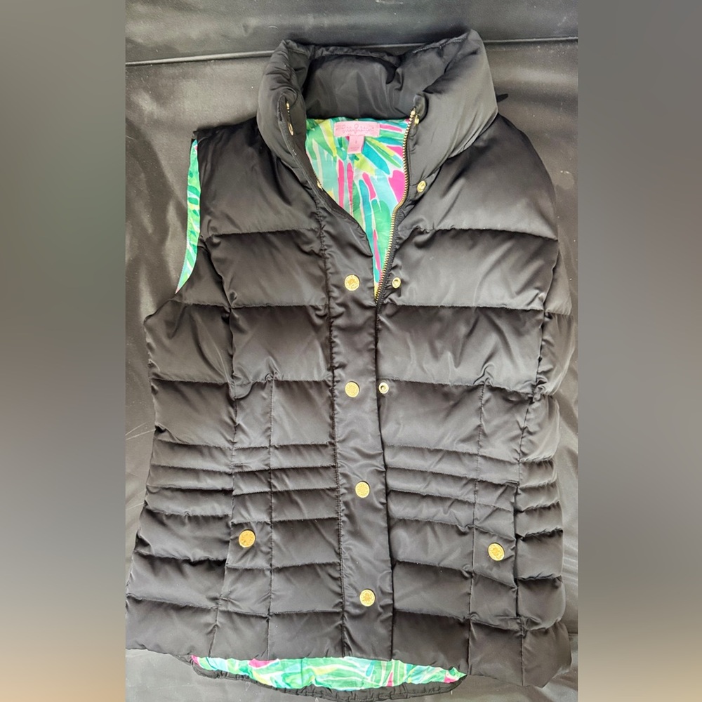Lilly Pulitzer Black Puffer Vest with Gold Accents